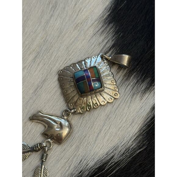 Native American Sterling Silver Inlaid Turquoise Lapis Spiny Bear Dangle Pendant - Picture 4 of 8